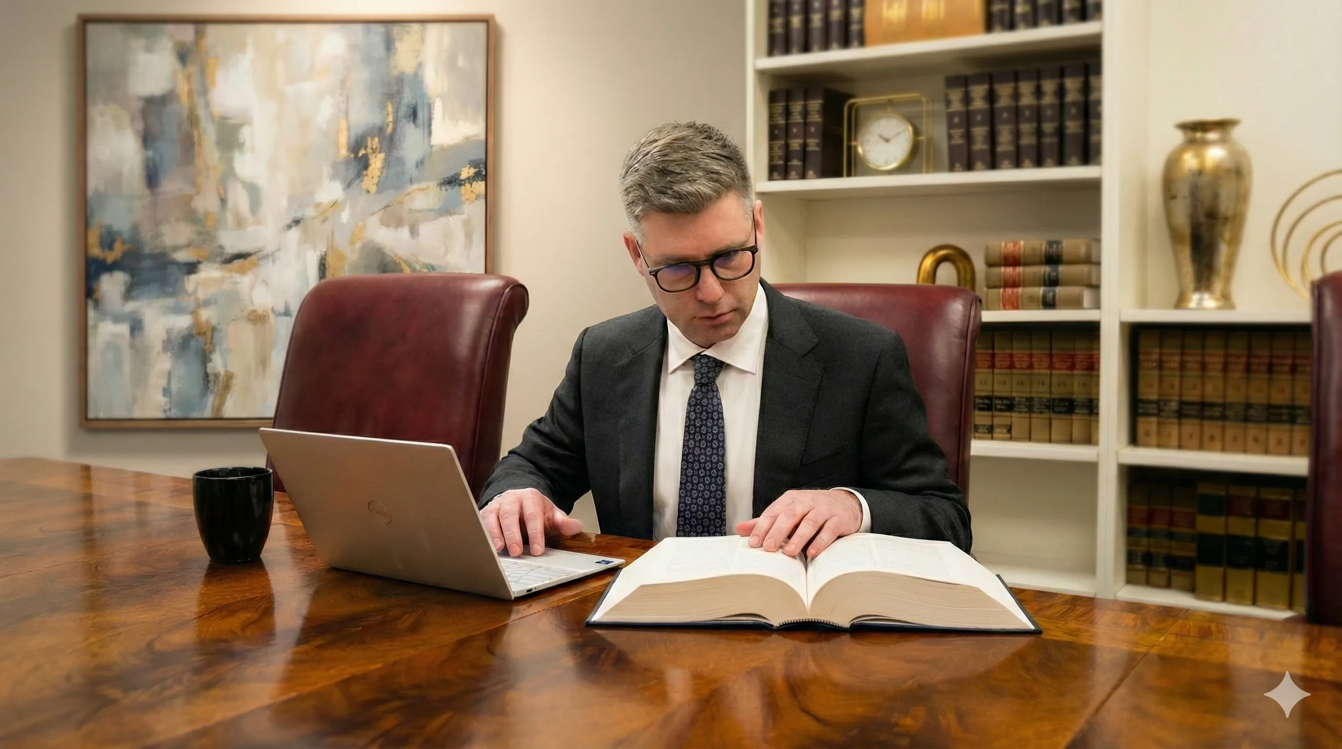 Evan T. Rosemore reviewing case research and materials at his desk