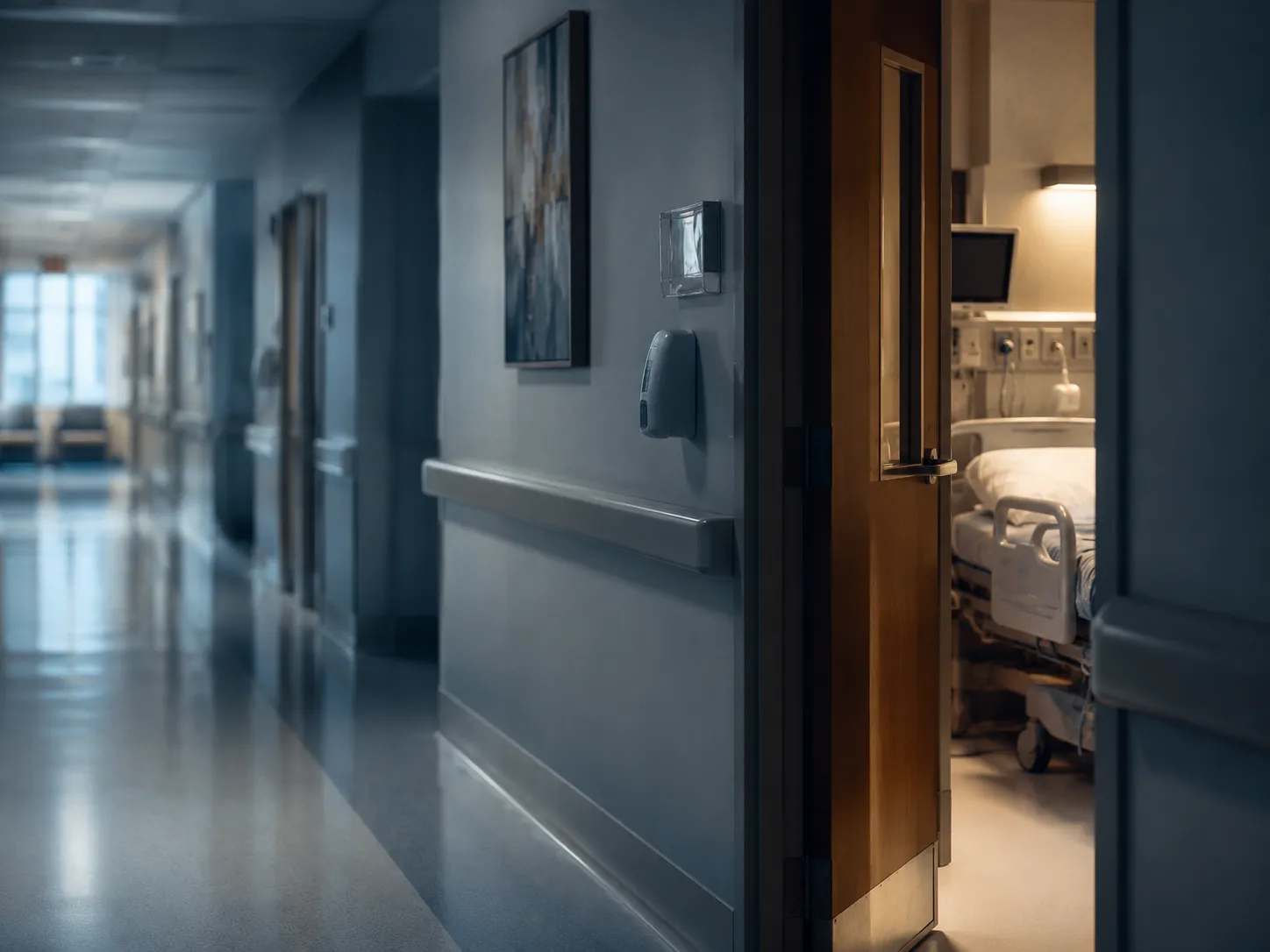 A quiet hospital corridor outside a patient room