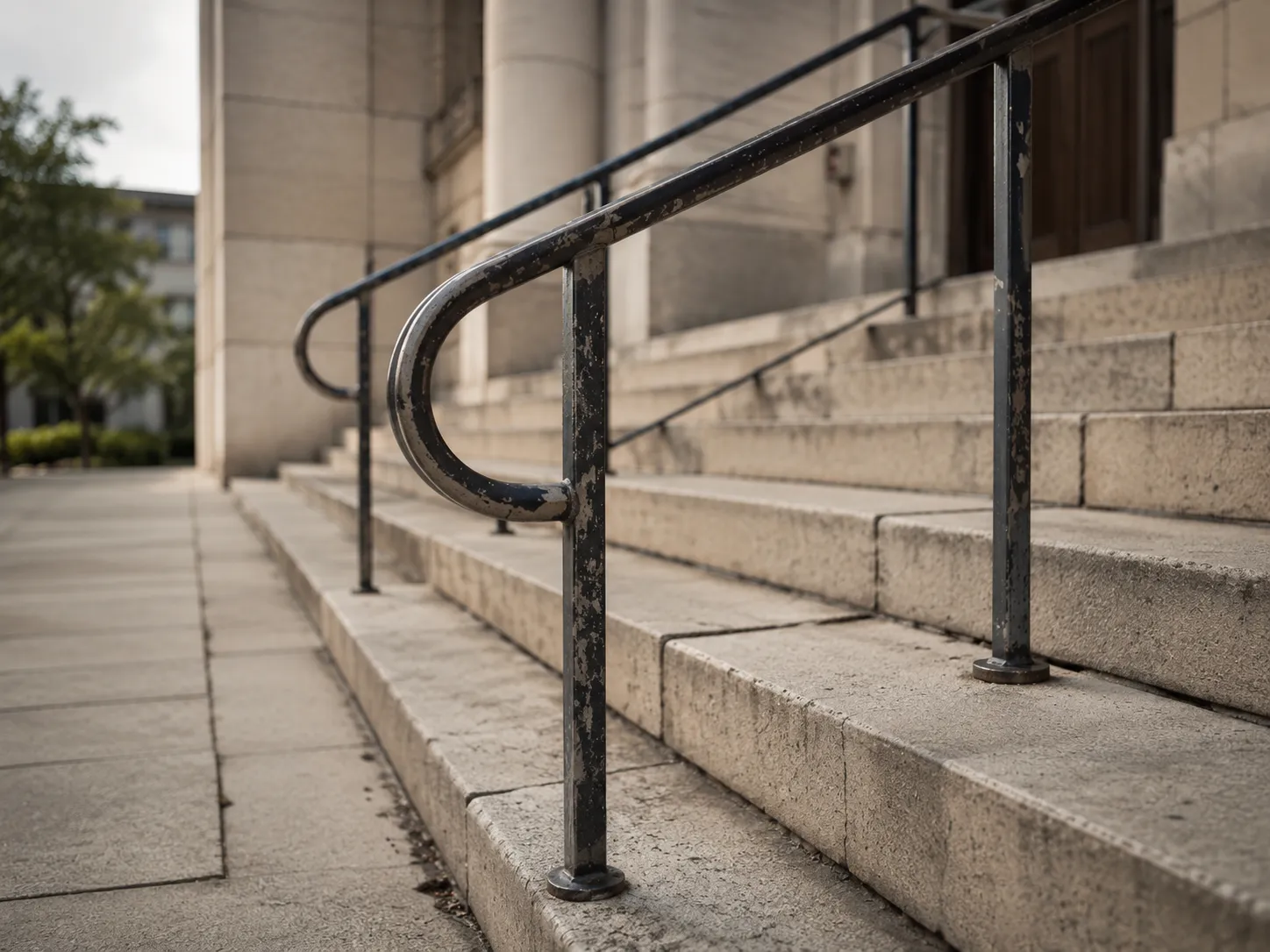 Worn stone steps and a metal handrail at a building entrance